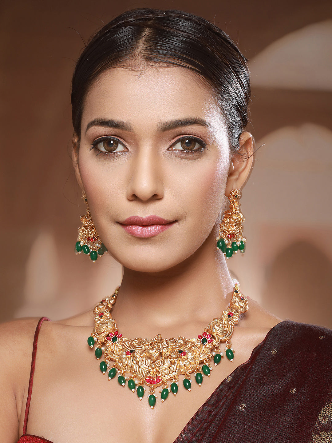 Gold Plated  Jadau Divine Radha  Krishna  Temple  Necklace Jewellery  Set